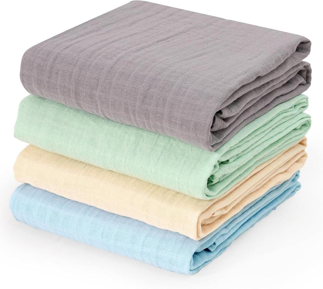 david's kids 4 Pack Baby Muslin Swaddle Blankets 47" x 47", 100% Cotton Swaddling Blankets Wrap for Boys Girls, Ultra Soft Breathable Receiving Blanket, New Born Essentials, Green&Grey&Blue&Beige