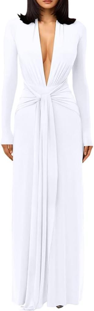 DAAWENXI Women's Sexy Deep V Neck Maxi Dress Long Sleeve Tie Wedding Guest Cocktail Evening Dresses (White, S)