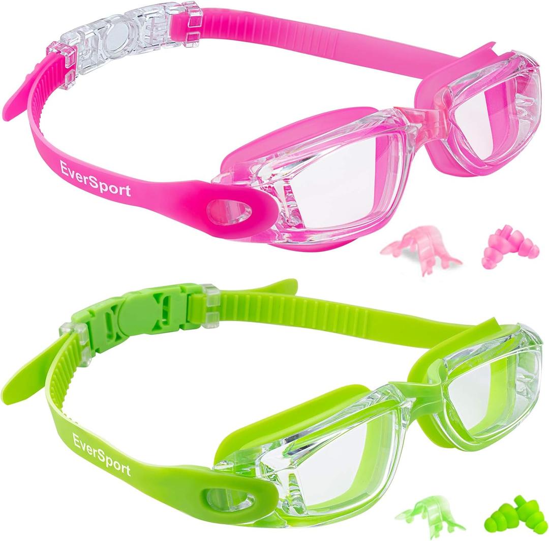 EverSport Kids Swim Goggles, Pack of 2 Swimming Goggles for Children Teens, Anti-Fog Anti-UV Youth Swim Glasses for Age4-16 (Green & Rose Red)