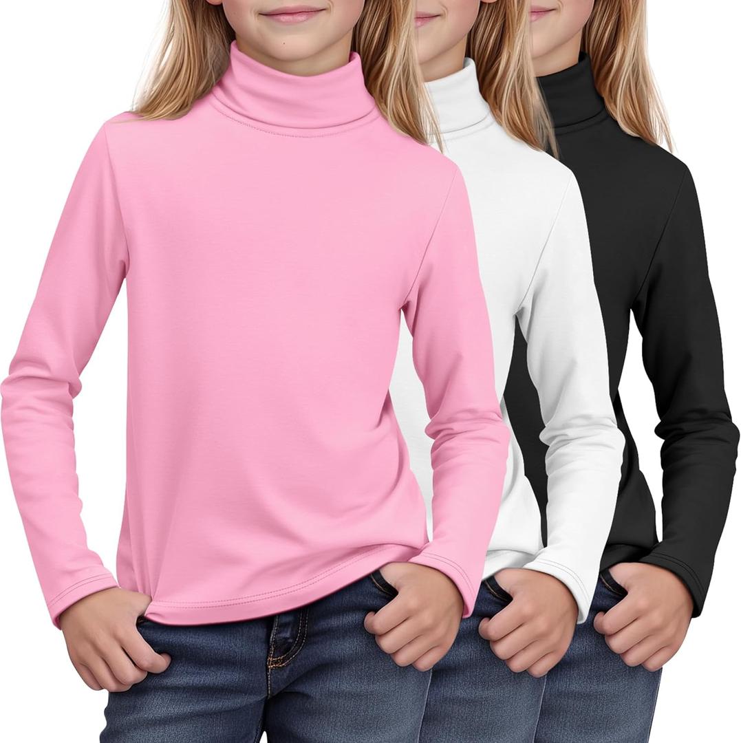 3 Pack Girls Turtleneck Long Sleeve Pullover T-Shirt Soft Warm Stretch Kids Basic Turtle Neck Tops for Girls (13-14 Years, Pink, White, Black)