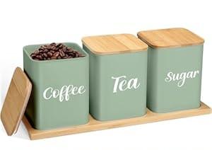 Tioncy Coffee Tea Sugar Container with Tray Set of 3 Airtight Metal Canister with Bamboo Lid Tray for Kitchen Counter Dining Room Farm House Kitchen Style Drink Station Organizer Set (Sage Green)