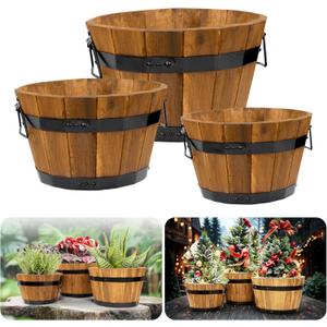 Idzo Set of 3 Wooden Flower Boxes Outdoor, Durable Acacia Wood Barrel Planters for Outdoor Plants with Ergonomic Handles, Drainage Holes, Multiple Sizes Wood Bucket Planter Light Brown