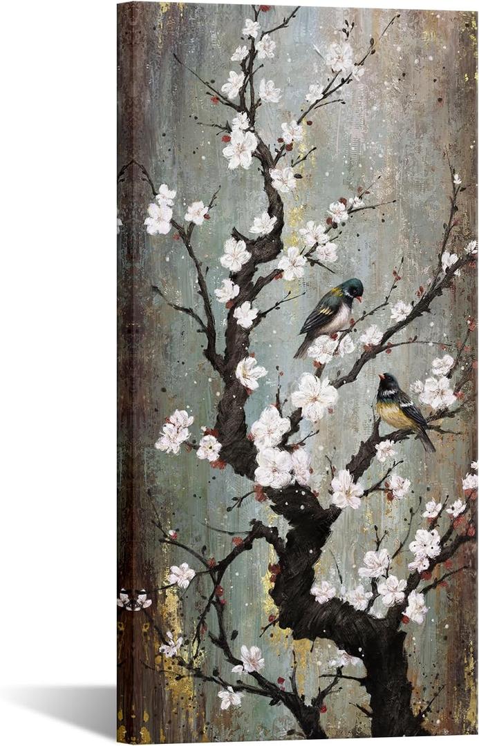 KREATIVE ARTS Graceful Birds on Plum Blossom Trees Canvas Wall Art - Giclee Floral Prints for Living Room & Bedroom Decor - Large 20x40 inch Vertical Artwork