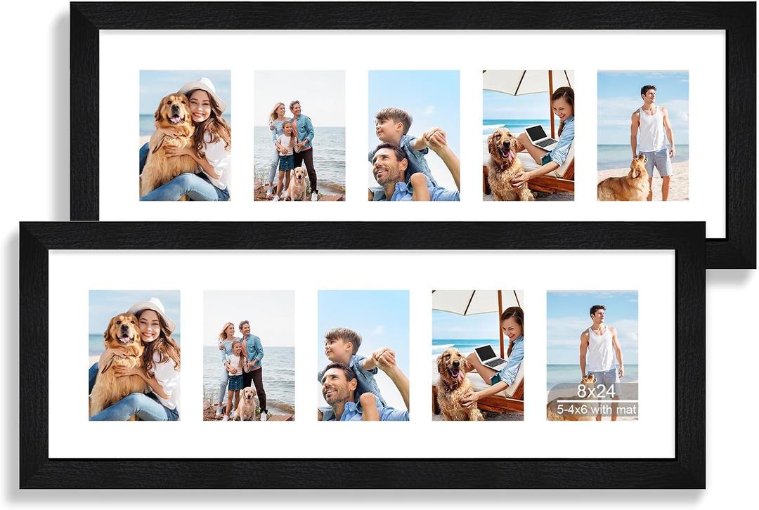 Hongkee 8x24 Picture Frame 2 Pack, Rustic Black Wood Frame with Tempered Glass, Display Pictures Multiple Five 4x6 With Mat or 8 x 24 Without Mat - Horizontal or Vertical Wall Mounting, 8x24 in matted to 5-4x6