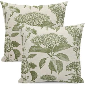 Floral Pillow Covers 16x16 Set of 2 Vintage Sage Green Hydrangea Herbs Botanical Throw Pillow Cover Outdoor Decoration Boho Flower Pillowcase Farmhouse Decorative Cushion Case for Couch Sofa