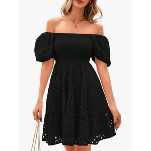 Women's 2025 Eyelet Lace Embroidery Smocked Dress Square Neck Puff Sleeve Off Shoulder Tiered Mini Dress Size S
