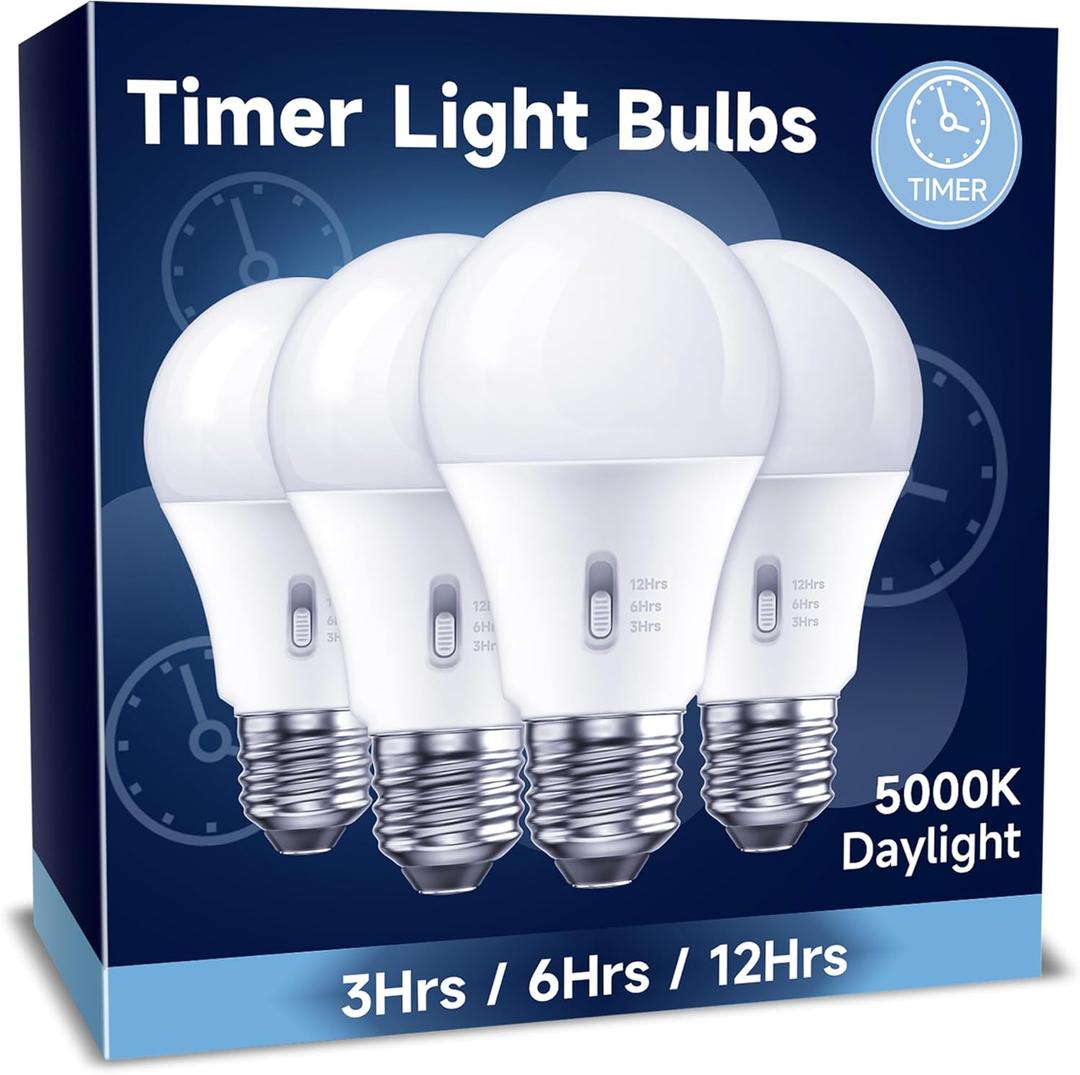 UNILAMP Timer LED Light Bulbs 4 Pack, 13W (100W Equivalent) LED Bulb, Built-in Automatic Timer, 5000K Daylight A19, Automatic On/Off Security Light Bulb