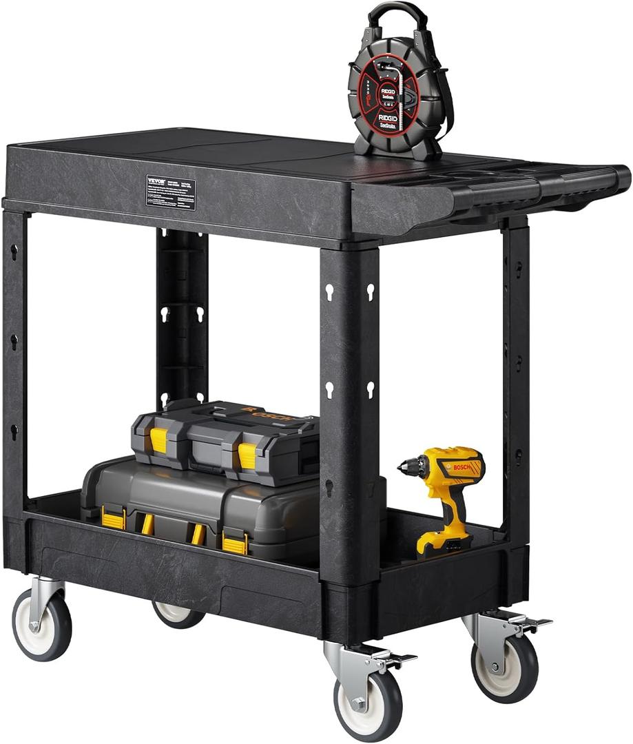 VEVOR Utility Cart, 550 lbs Load Capacity, 31.3 x 17.7-inch Service Cart, Two-Shelf Heavy Duty Plastic Utility Cart with 360 Swivel Wheels (2 with Brakes), Suitable for Warehouse, Garage, Cleaning
