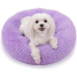 Calming Donut Dogs Beds for Small Dogs Washable,23inch Plush Round Pet Bed for Cozy Sleep,Fluffy Faux Fur Large Cat Bed,Fits up to 25 lbs Pets,Purple