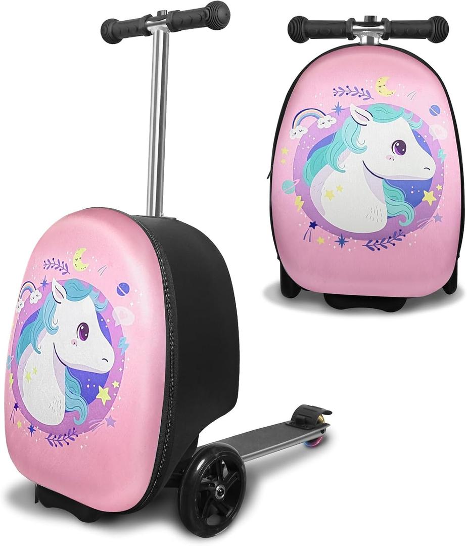 ALVOD 2-in-1 Scooter Suitcase, Foldable & Lightweight Scooter Luggage for Kids with LED Light Wheel, 11.8*13.2*20.7 inches