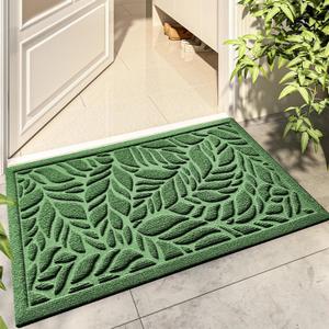 Bulijojo Front Door Mat Entrance, Durable Heavy Duty Welcome Mat, Thick Absorbent Natural Rubber Non Slip Mat, Sturdy Entryway Green Leaves, 23x35