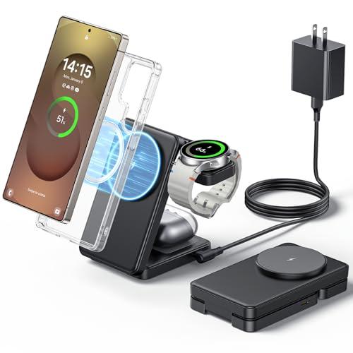 3 in 1 Magnetic Foldable Wireless Charger for Samsung, Fast Mag-Safe Charging Station for Galaxy S26 S25 S24 Ultra Plus/Z Fold/Z Flip 7/6/5, Charger Stand for Galaxy Watch Ultra /8/7/6/5/Pro, for Buds