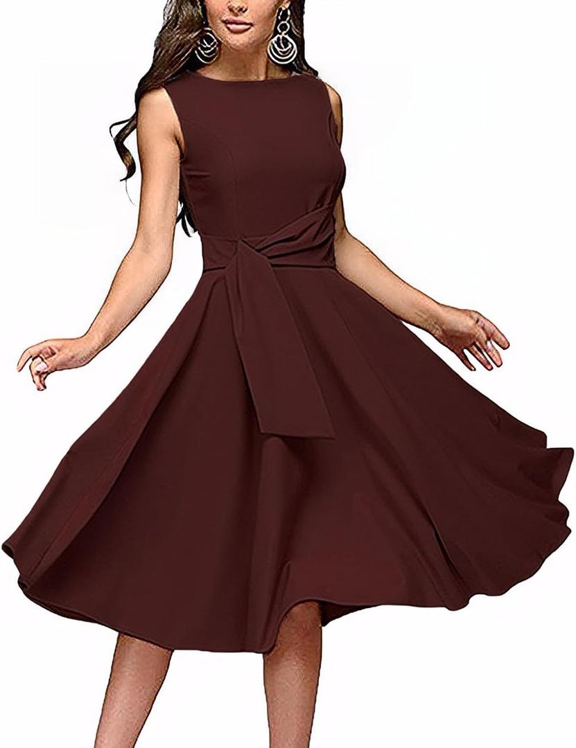 FENJAR Women's Elegance Audrey Hepburn Style Ruched Dress Round Neck Sleeveless Swing Midi A-line Dresses (US, Alpha, XX-Large, Regular, Regular, A-Wine)