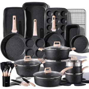 CAROTE 44pcs Pots and Pan Set Nonstick, Cookware Sets, Cooking Set Non Stick, Induction Cook Ware with Bakeware Set, Kitchen Knife Set, 44 Piece