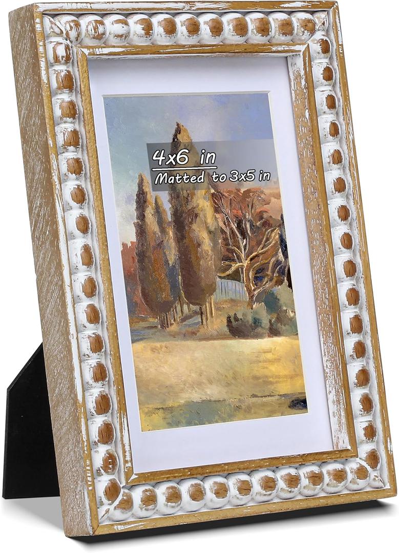 4x6 Rustic Picture Frame with Mat for 3x5, Farmhouse Boho Deco Distressed Beaded Wooden Real Glass, Vertical or Horizontal Display Photo Gallery Wall & Tabletop Frame, Natural
