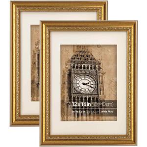 12x16 Vintage Gold Convex Embossed Motif Ornate Classic Picture Frame, Matted to 9x12 inches, Plexiglass Cover, 2 Pack, 12 x 16 in 2pk