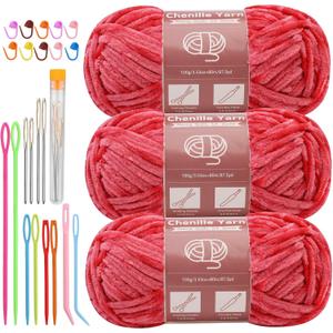 LUNARM 3 * 100g Chenille Yarn, Yarn for Crocheting Knitting with Big Eye Needles, Handcrafts Weaving Soft Chenille Yarn for Making Blankets, Clothes, Pattern Knitting Creations (Bright Red) (Solid Color)