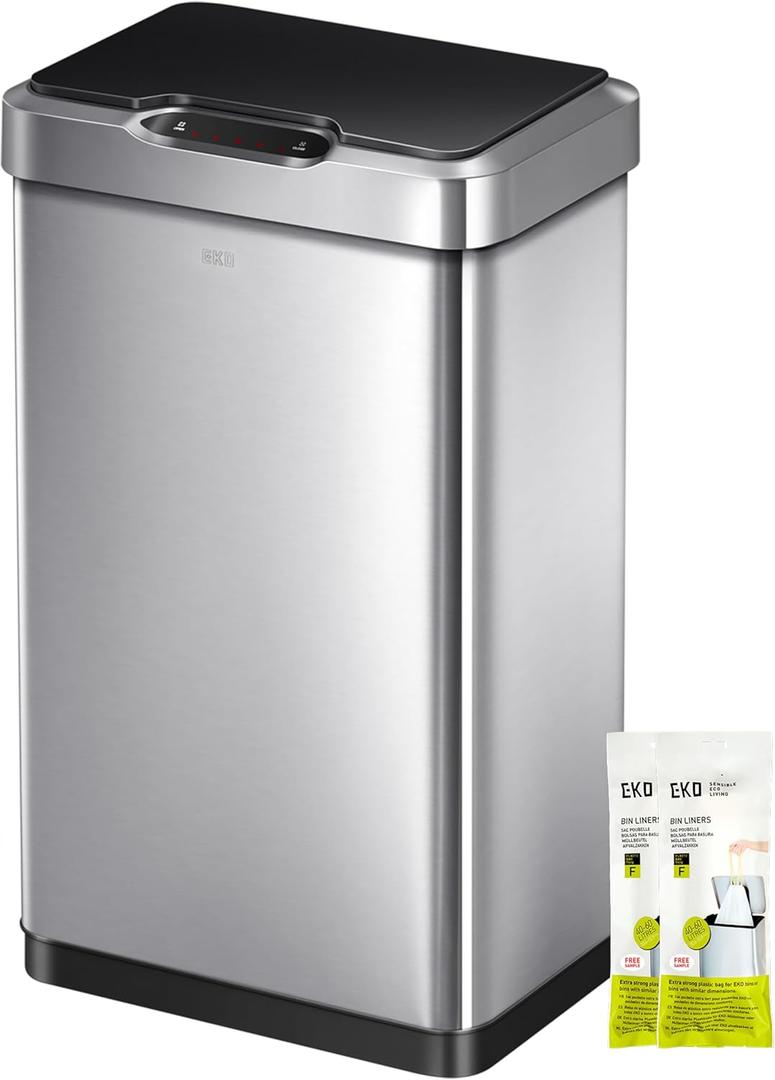 EKO Mirage-T 50 Liter / 13.2 Gallon Touchless Rectangular Motion Sensor Garbage Can, Brushed Stainless Steel Finish