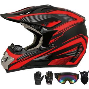 Youth Kids Motocross Helmet Full Face Motorcycle Dirt Bike Off-Road Mountain Bike BMX MX ATV Helmet,DOT Approved,W/Gloves Goggles Mask 4Pcs Set (Red, Small)
