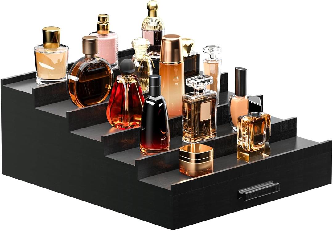 Sephyroth Cologne Organizer 5 Tier of Elegant Bamboo Perfume Organizer for Men with Hidden Storage and Practical Drawer, Perfect for Cologne Display & Gift (5T-Black)