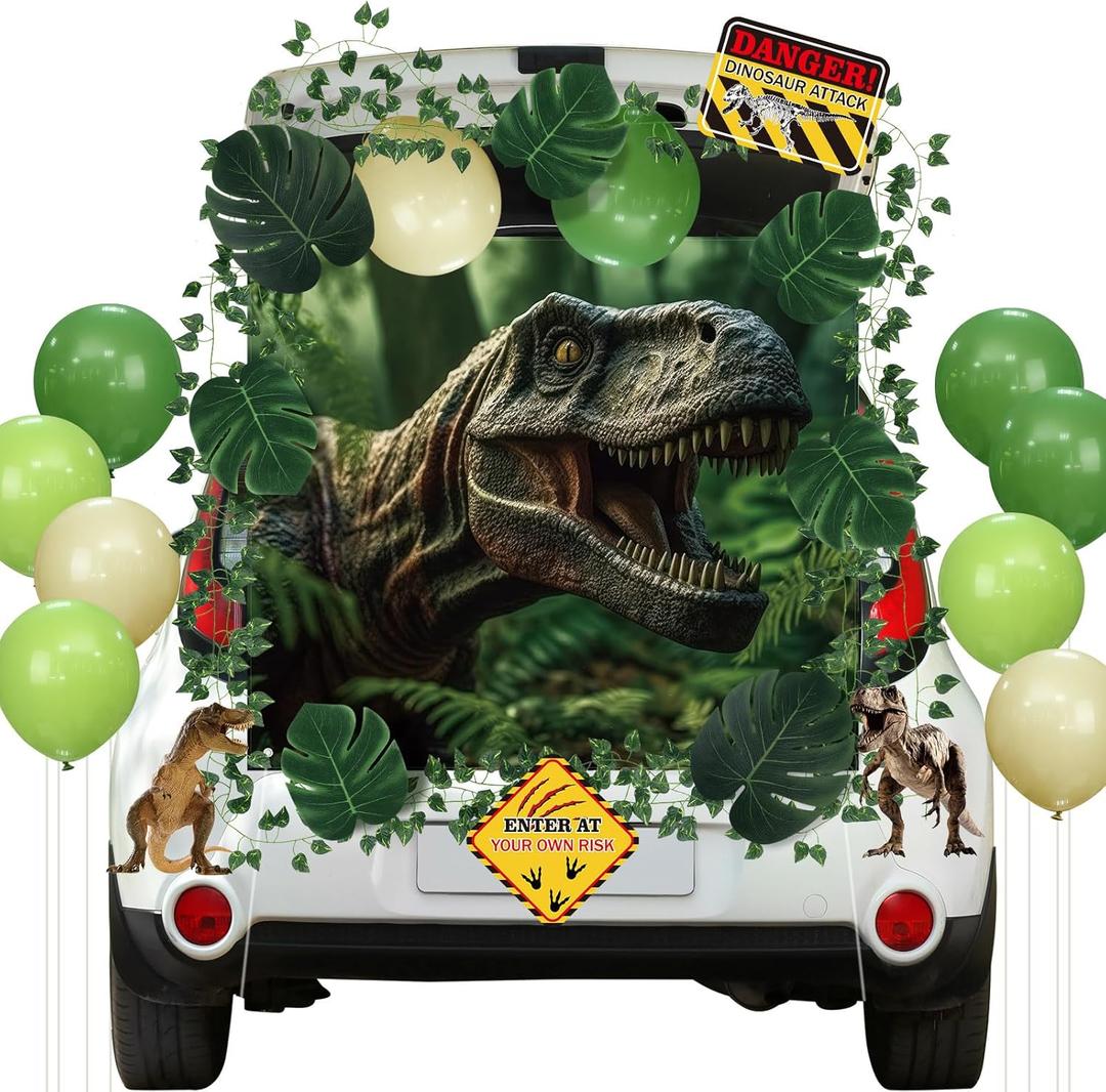 59 Pcs Halloween Trunk or Treat Car Decorations Kit with Dinosaur Banner Warning Tapes Balloons Vines Jungle Theme for SUV Archway Garage Door Entryway Archway Decor