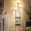 Floor Lamp with Shelves, 3-Light Floor Lamps for Living Room, Modern Standing Lamp with Linen Shades and Foot Switch, 66.1'' Tall Corner Lamp for Bedroom, Office, E26 Base, Black and Beige