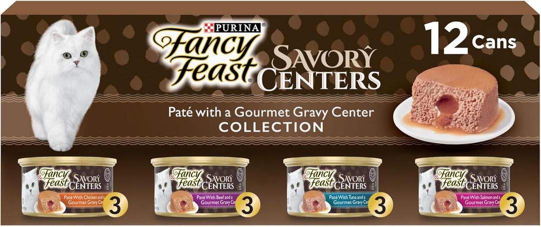 Purina Fancy Feast Savory Centers Wet Cat Food Pate Variety Pack With Chicken, Salmon, Beef, and Tuna Pate with Gravy Center - (2 Packs of 12) 3 oz. Pull-Top Cans (EXP 02/29/28)