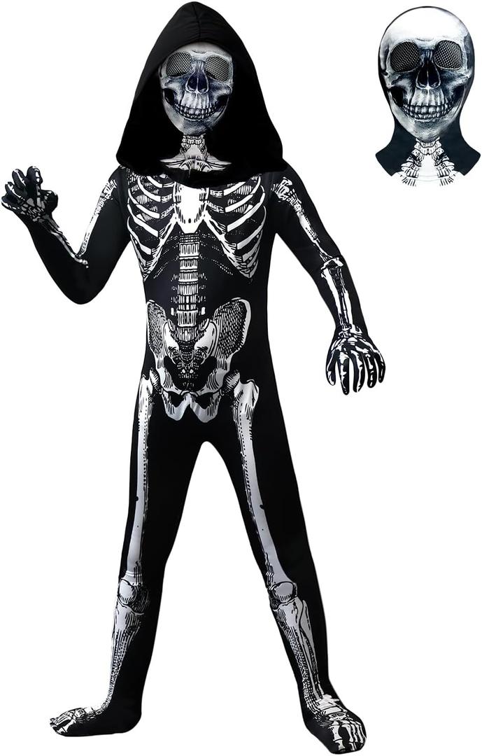 Kids Halloween Skeleton Costume, Hooded Skeleton Jumpsuit Bones with Mask for Boys and Girls Halloween Cosplay Costume Party (9-10 Years, Black)