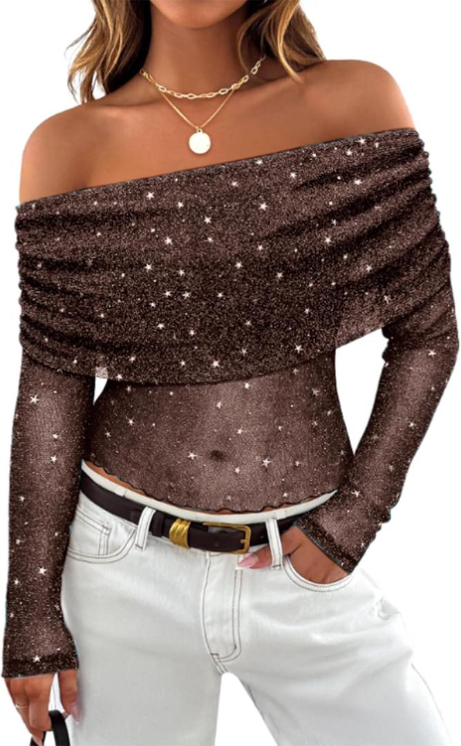 FEMLE Women Sparkly Off The Shoulder Sheer Mesh Tops Glitter See Through Long Sleeve Foldover Top Party Concert Outfits (XL)