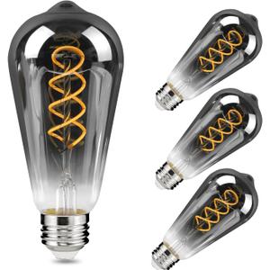 E26 ST64 Vintage Edison Light Bulbs, Smoky Grey Coated Glass, Dimmable, 4W(20W Equivalent) 200 Lumin, 2700K Soft White, Spiral Filaments Design, Antique Style, 25000 Hrs, 4-Pack