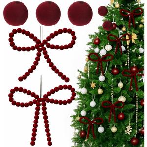 6 Pcs Velvet Beads Christmas Tree Bows Ornament for Craft Vintage Red Bow Ornament Coquette Xmas Velvet Beads for Christmas Tree Door Garland Wreath Tiered Tray Decorations