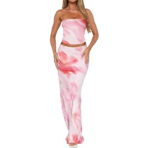 2 Piece Skirt Sets for Women Summer, Floral Sleeveless Tube Top Bodycon Maxi Skirts Y2k Vacation Going Out Outfits (Light Pink Tiedye)