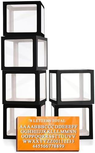 Ledido Black Transparent Balloon Boxes With 78 Letters, Letter Box for Baby Shower Clear Baby Box Black Balloon Boxes for Birthday, Bridal Shower, 2026 Graduation Prom Party Decoration, 6 PCS