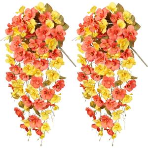 Hibiscus Fall Flowers Artificial for Decoration, 2pcs Silk Hibiscus Trailing Vines Fake Hanging Flowers Plants Realistic UV Resistant Faux Flower for Outside Planters Porch Patio Yard Indoor, Mix (Fall Orange Yellow)
