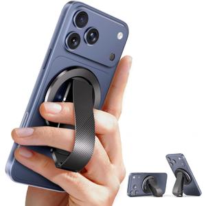 for MagSafe Phone Grip, Magnetic Phone Stand with Silicone Finger Strap & Dual-axis Adjustable Kickstand, Magnet Ring Holder Compatible with iPhone 17/16/15/14 Pro Max Mag Safe, Matte Black