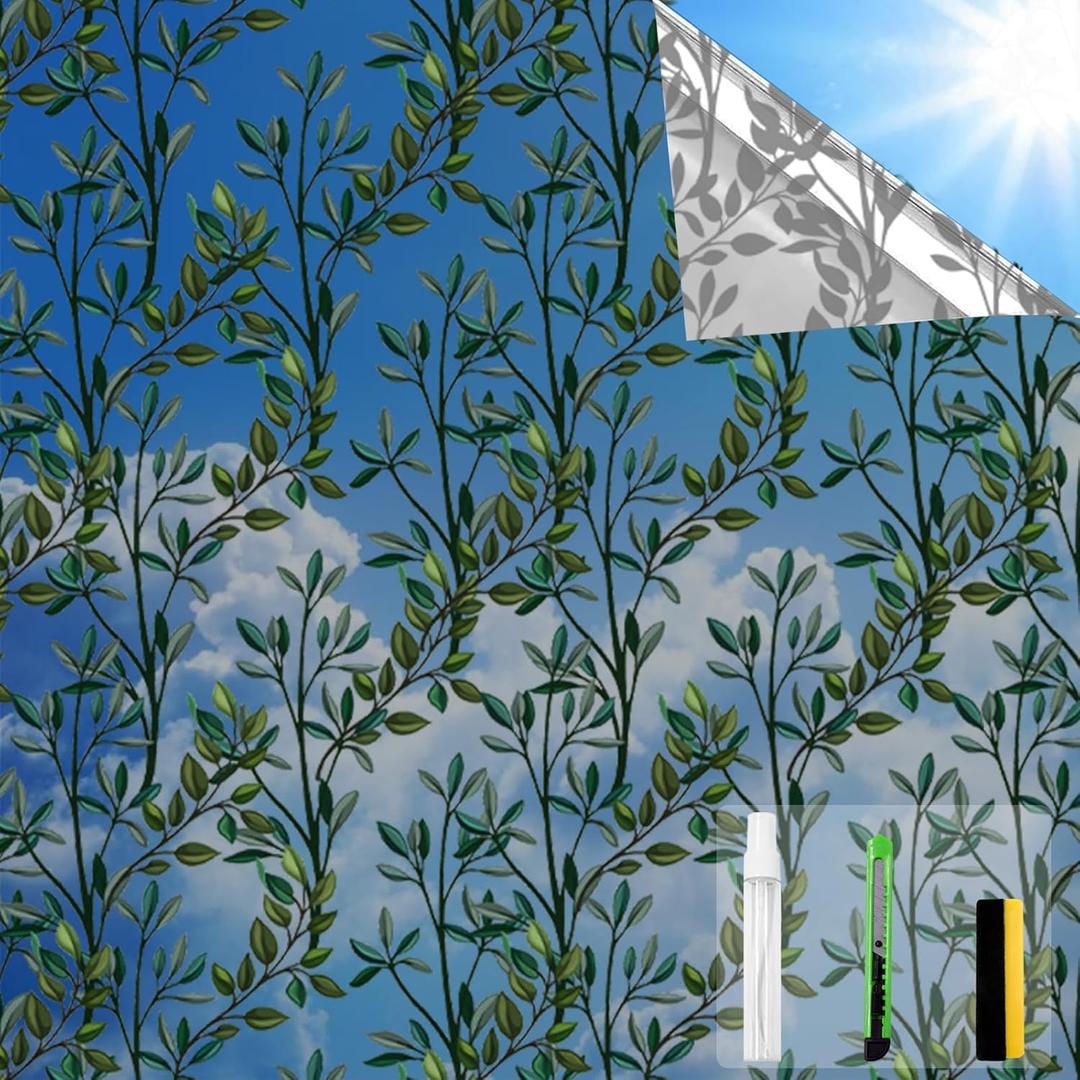 One Way Privacy Film, Window Tint for Home,Daytime Reflective, Anti UV Static Cling Sliding Door Coverings No Glue Garage Solar Paper (Black - Silver-Leaves, 23.6 x 157.4 in) One Way Privacy Film, Window Tint for Home,Daytime Reflective, Anti UV Static Cling Sliding Door Coverings No Glue Garage Solar Paper (Black - Silver-Leaves, 23.6 x 157.4 in)