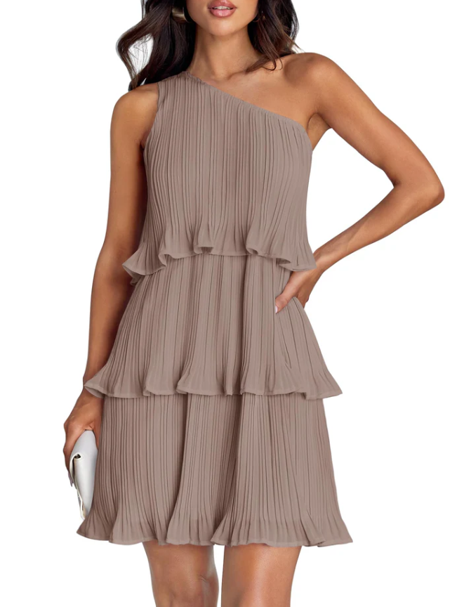 ZESICA ONE SHOULDER SLEEVELESS RUFFLE TIERED CHIFFON MINI DRESS (S, Light Khaki)