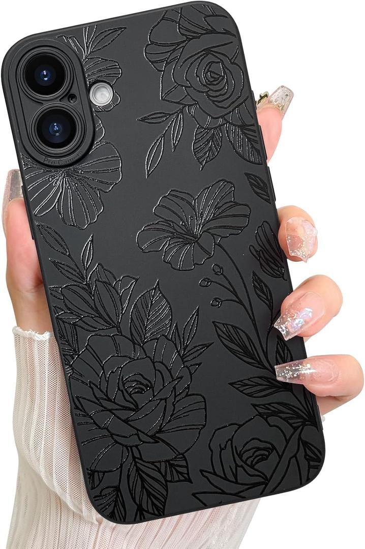 LSL Case for iPhone 16 Plus Black Floral Flower Pattern Print Design Soft TPU Full Camera Lens Anti-Drop Anti-Scratch Shockproof Protective Slim Cover for Women Girls