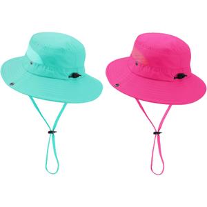 Century Star Outdoor Kids Sun Hat UPF 50+ Quick Dry Adjustable Bucket Hat Windproof Waterproof Beach Fishing Safari Hat (5-13 Years, 2pcs Rose Red & Lake Blue)