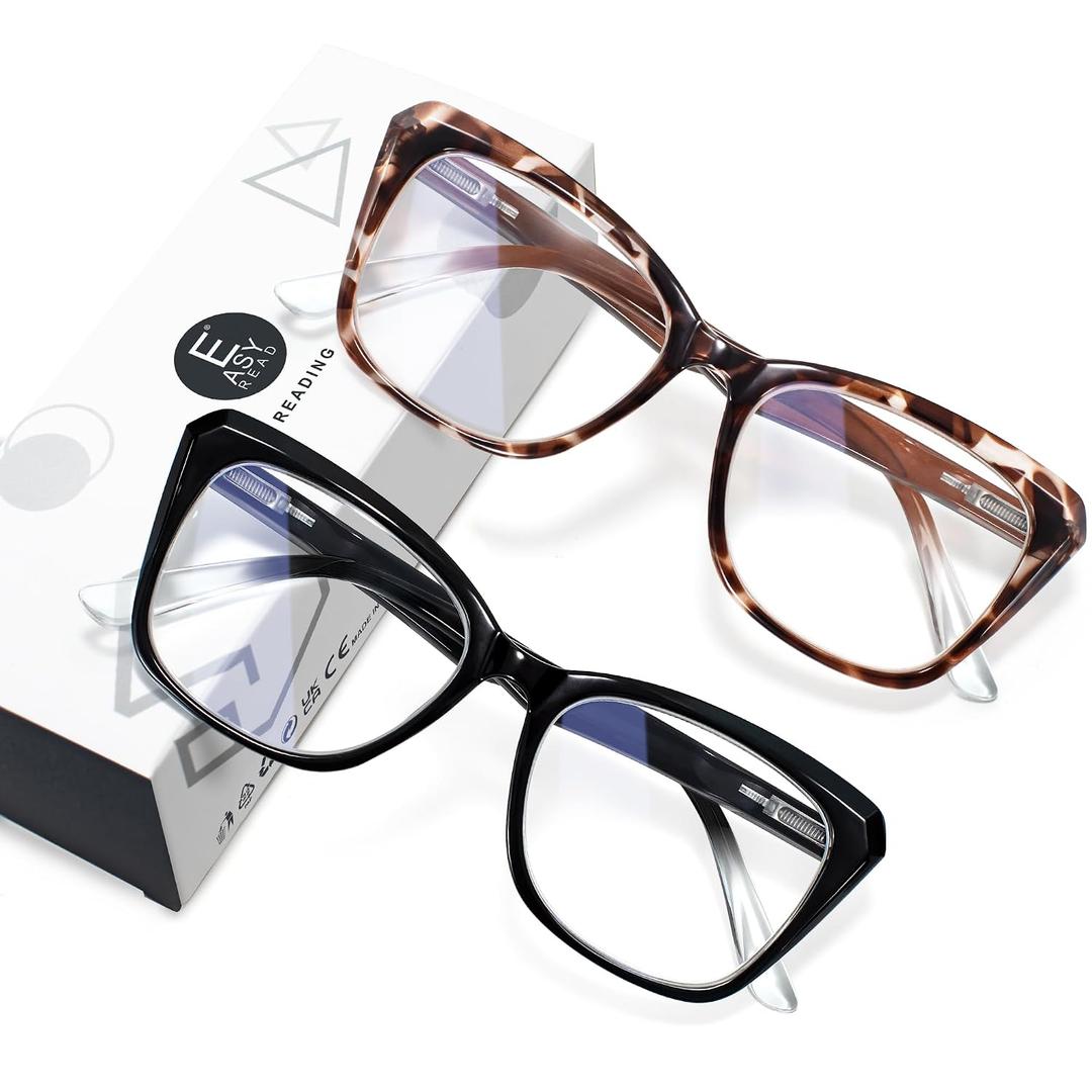 EASY READ 2 Pack Reading Glasses for Women,Cat Eye Blue Light Blocking Computer Readers with Spring Hinge(Magnification 0.00,Black/Tortoise)