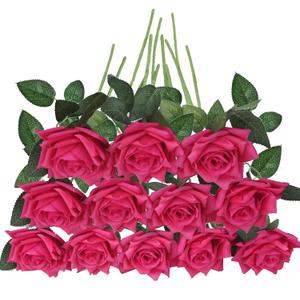 GREENTIME 12 Pack Fuchsia Fake Roses Artificial Flowers with Stems Silk Flower Bouquet for Valentine's Day Home Table Centerpiece Wedding Bridal Decor Baby Shower Engagement Party Decorations