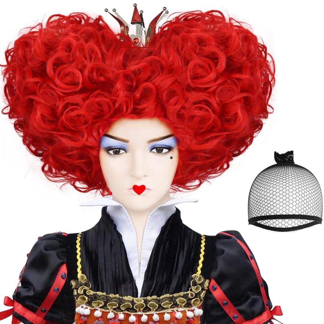 ANOGOL Hair Cap+ Red Heart Bun Beehive Wigs for Red Queen Wig Women Prestyled Short Curly Red Wigs for Anime Synthetic Hair for Heart Queen Costume Cosplay Movie Halloween Party