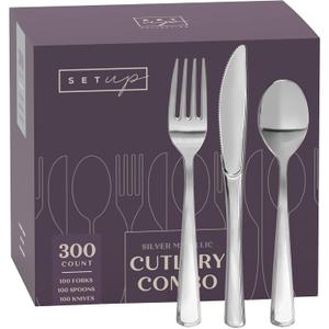SETUP [300 Count] Disposable Silverware, Silver Combo Cutlery - 100 Forks, 100 Spoons, 100 Knives - Heavy Duty, and Durable Silver Plastic Silverware Set Great for Parties, Events and Everyday use
