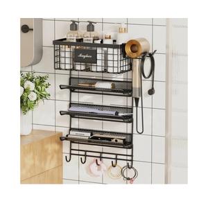 Magheo Hair Dryer Holder Wall Mounted, Adheisve Hair Styling Tool Organizer for hair Brush/Appliance Wall Mount with 5 Tier Shelf Basket Hooks Blow Dryer and Straightener Holder for Bathroom(Black)