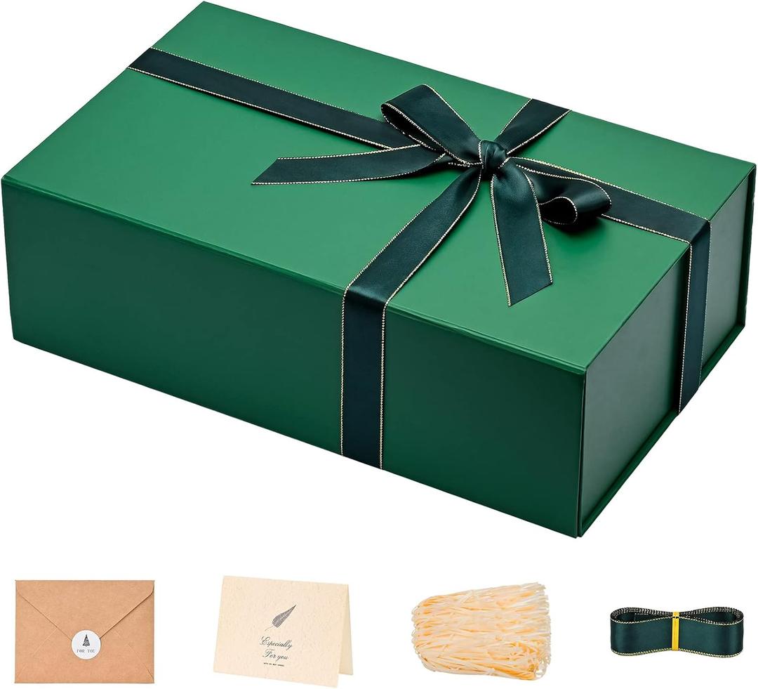 LIFELUM Green Gift Box for Presents 1 Pack 13.85 x 8.35 x 4.45 inch Big Decorative Large Gift Box for Clothes with Magnetic Lids Luxury Accessories Card, Ribbon, Filler,Sticker, 1 count