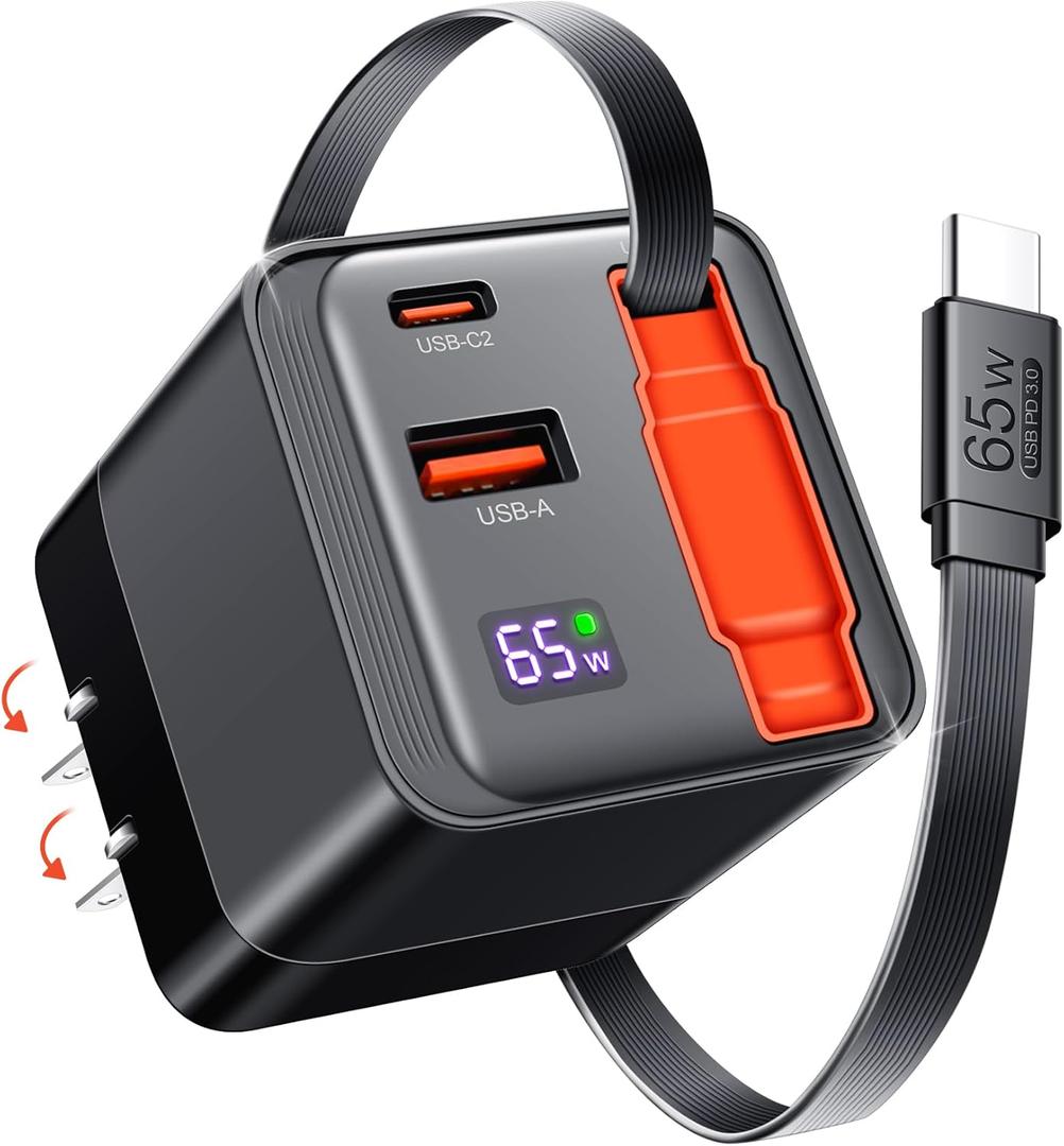 65W Retractable USB C Charger Block, PD PPS Fast Charging Wall Charger with Retractable Type-C Cable and Dual Port, Portable GaN3 with Foldable Plug for MacBook, iPhone 16, iPad, Galaxy, Pixel