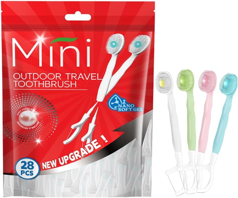 28 Packs Mini Brushes-Disposable Toothbrushes with Toothpaste + Floss + Pick + Tongue Scraper Travel Size Individually Wrapped Business Trip Work or Travel (Mix Flover)