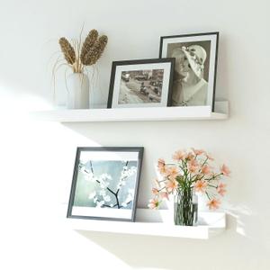 White Floating Shelves for Wall Decor, Wall Mounted Wood Storage Shelf for Bedroom, Living Room, Bathroom, Kitchen, Nursery, Display Picture Ledge Shelf with Lip Set of 2-16 Inches, White