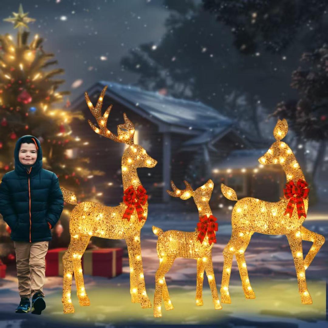 48 Inch 2.5D Gold Lighted Christmas Deer Decorations 3-Piece Outdoor Holiday Decorations Reindeer Set with 145 Warm White LEDs, Large Yard Display for Garden, Storefront