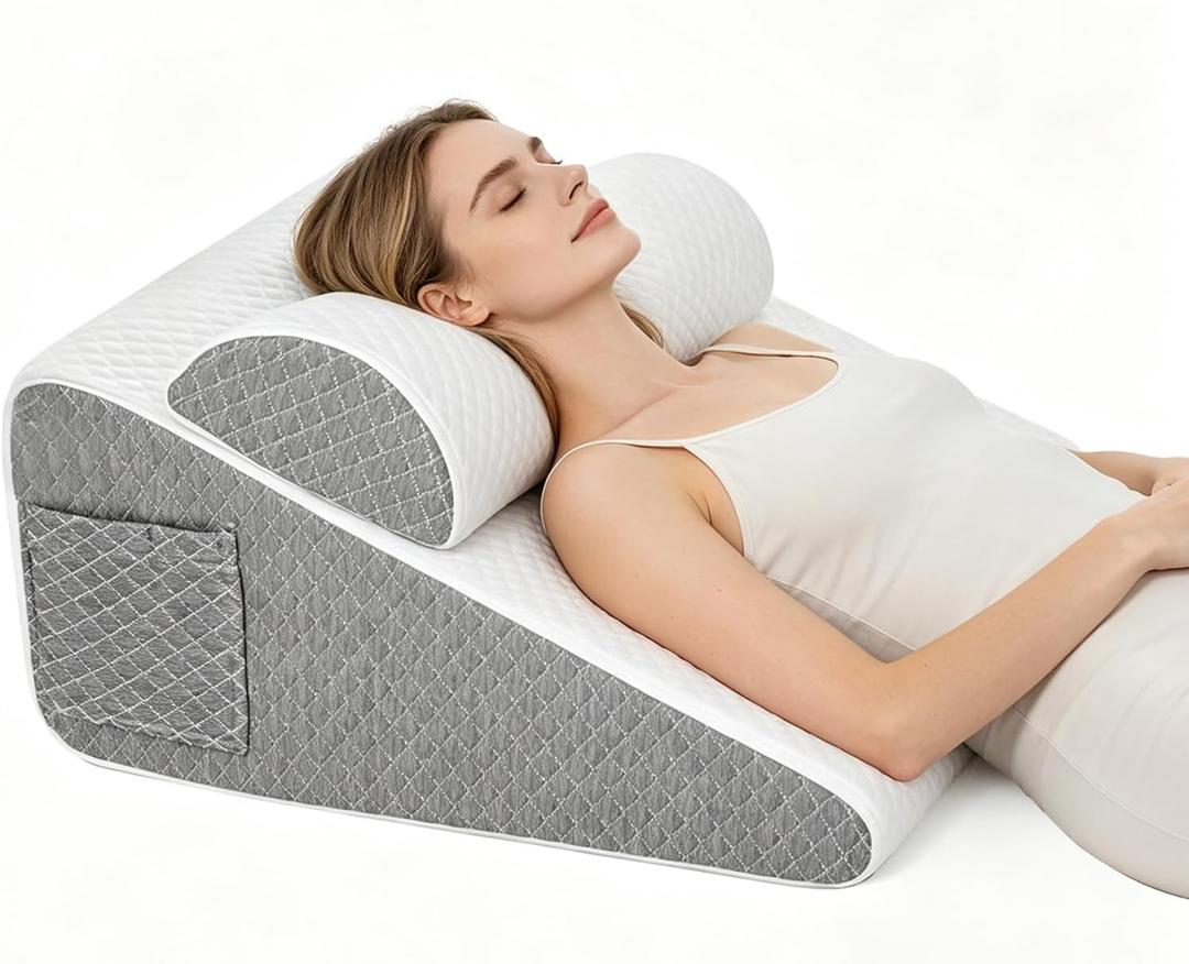2PCS Wedge Pillow Set for After Surgery, Adjustable Bed Wedge Pillow Headboard with Memory Foam Neck Cushion – for Acid, 2PCS-20''